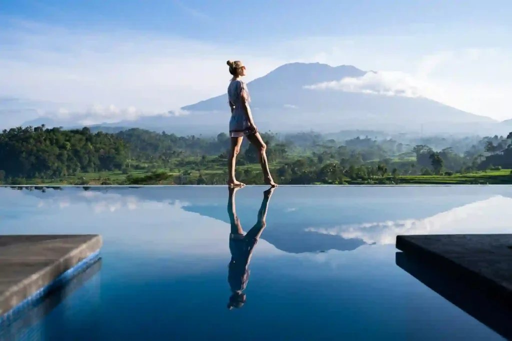 women enjoy dry season in bali with a mountain view